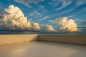 Clouds over a smooth rooftop with ocean view.
