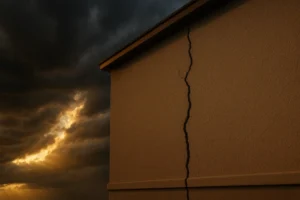 A large crack runs down the side of a building under a dark, stormy sky.