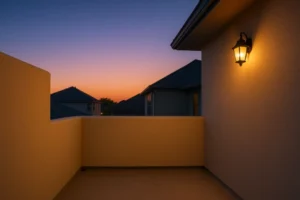 A serene sunset view from a rooftop terrace with warm lighting.