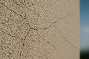 Close-up of cracked beige wall texture.