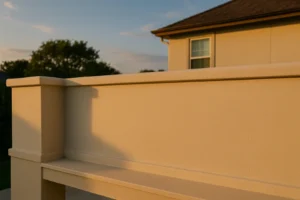 Sunset casting shadows on a beige balcony wall with a house in the background.
