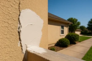 A wall with a patch of fresh plaster being applied.
