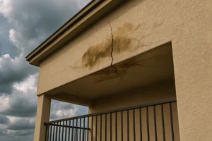 Cracked and stained concrete on a building's balcony ceiling.
