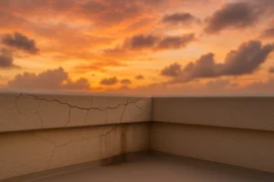 Sunset sky with orange clouds over a cracked wall corner.