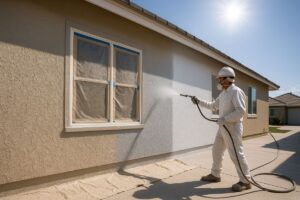 Man spray painting house exterior white on a sunny day.
