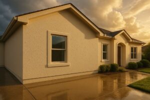 A beige house reflecting on a wet driveway under a cloudy sky.