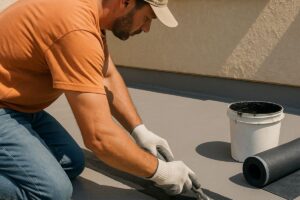 Man applying waterproof sealant on a rooftop surface.