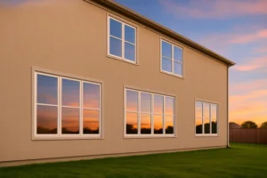 Sunset reflecting on large windows of a beige house.