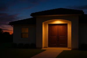 A warmly lit front porch with double doors at night.