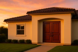 Modern house exterior with double wooden doors at sunset.