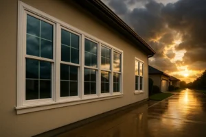House windows reflecting a dramatic sunset sky.