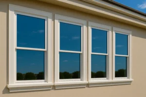 Three white-framed windows on a beige house wall reflecting the blue sky and greenery.