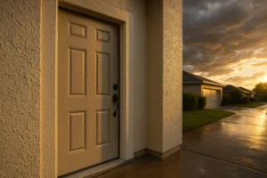 A beige front door of a house at sunset with dramatic clouds.