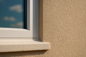 Close-up of a window on a beige textured wall with blue sky reflection.