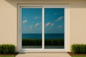Sliding glass door opens to an ocean view with blue sky and clouds.