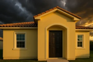 A yellow house with a dark door under a stormy sky.