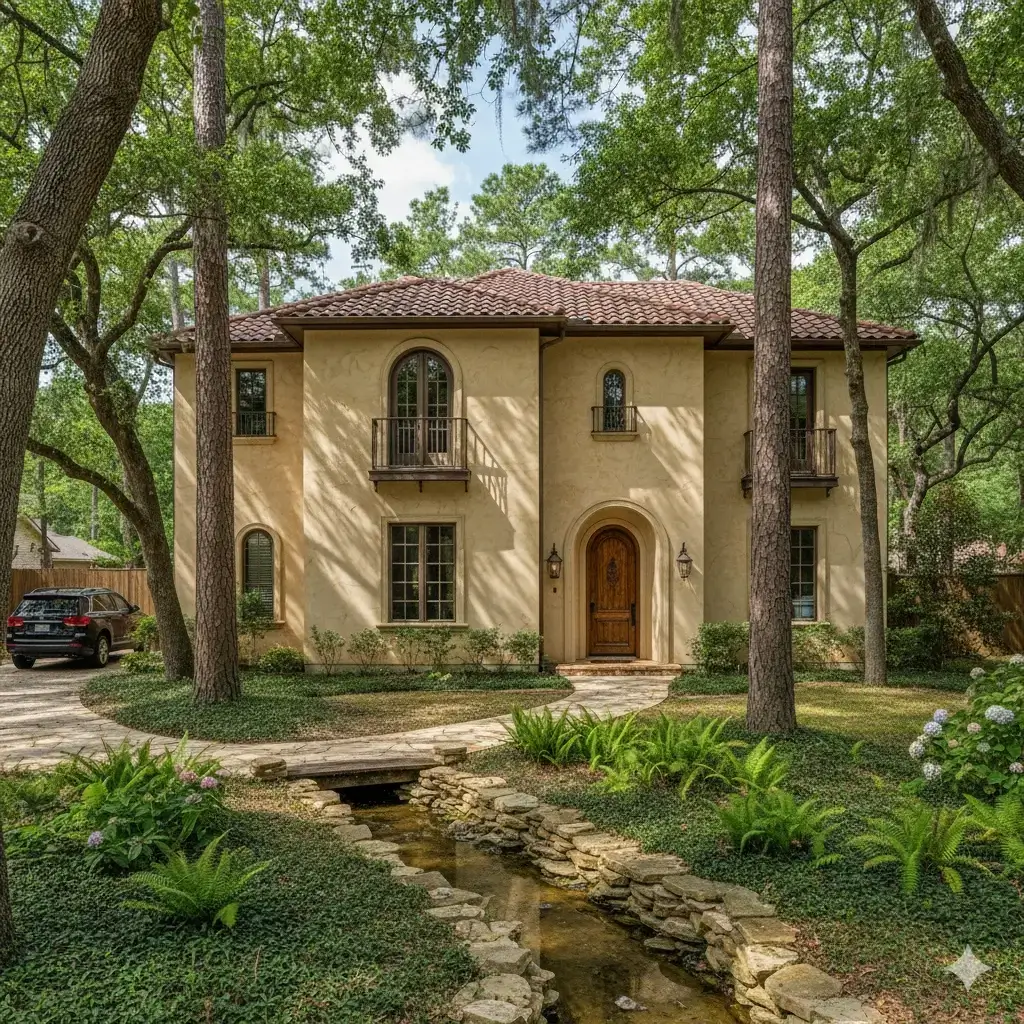 A charming two-story house surrounded by trees and greenery.